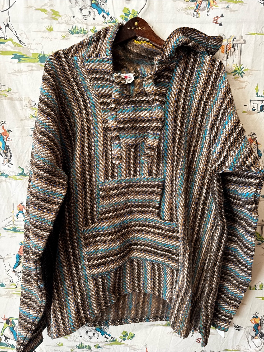 Men's Hooded sweater / poncho - Brown & Teal - El Paso Saddleblanketco - large